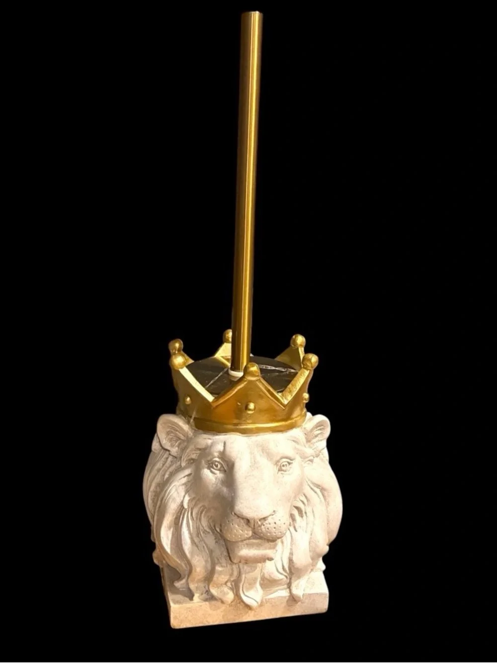 Lion Head w Gold Metallic Tone Crown Toilet Brush Holder White Stone Look Resin